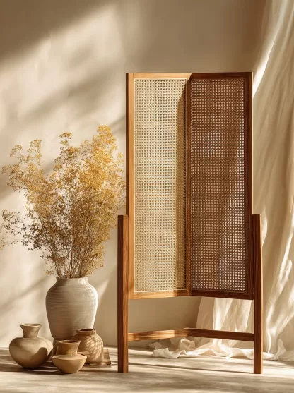 Wabi-sabi style rattan screen partition, living room entrance foyer, mobile folding storage bookshelf background - Image 5