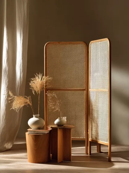 Wabi-sabi style rattan screen partition, living room entrance foyer, mobile folding storage bookshelf background - Image 2