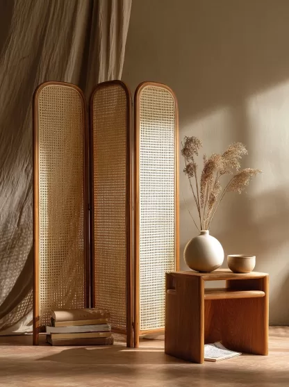 Wabi-sabi style rattan screen partition, living room entrance foyer, mobile folding storage bookshelf background - Image 4