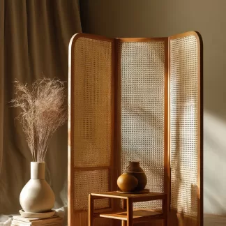 Wabi-sabi style rattan screen partition, living room entrance foyer, mobile folding storage bookshelf background