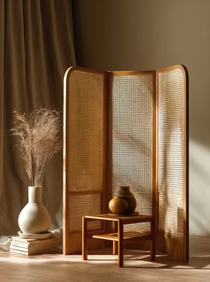 Wabi-sabi style rattan screen partition, living room entrance foyer, mobile folding storage bookshelf background