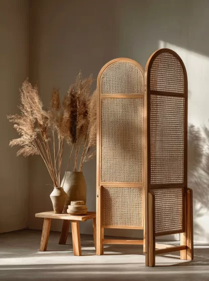 Wabi-sabi-style rattan screen partition for the living room entrance foyer, mobile folding bookshelf background design - Image 5
