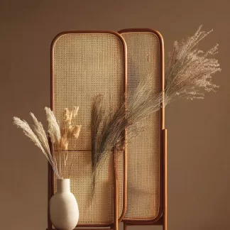 Wabi-sabi style rattan screen partition, living room entrance foyer, mobile folding storage bookshelf background