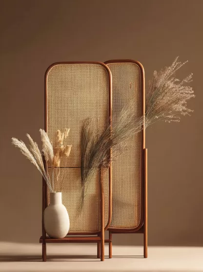 Wabi-sabi style rattan screen partition, living room entrance foyer, mobile folding storage bookshelf background