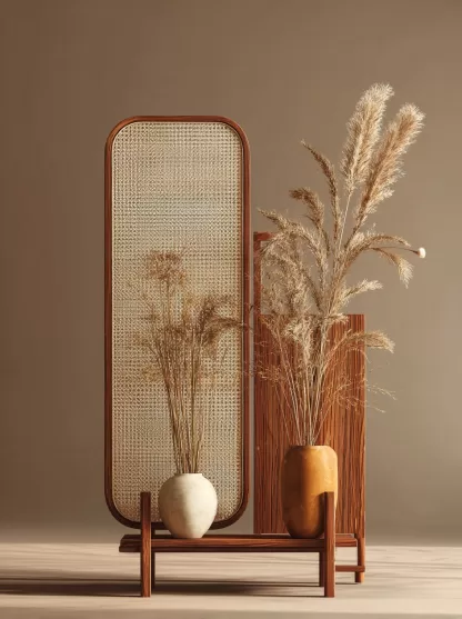 Wabi-sabi style rattan screen partition, living room entrance foyer, mobile folding storage bookshelf background - Image 7