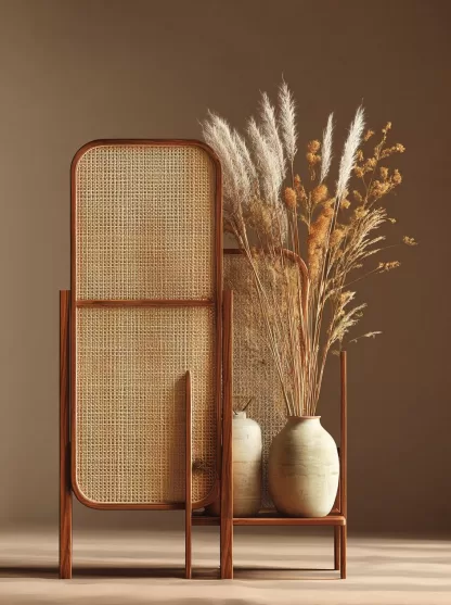 Wabi-sabi style rattan screen partition, living room entrance foyer, mobile folding storage bookshelf background - Image 8