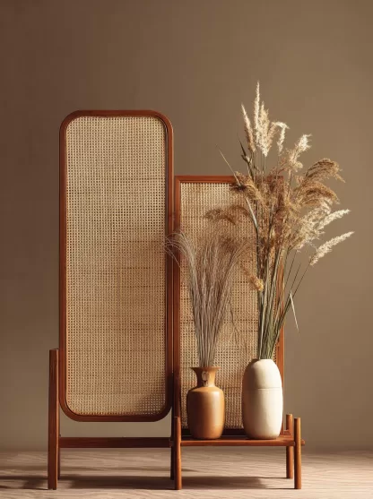 Wabi-sabi style rattan screen partition, living room entrance foyer, mobile folding storage bookshelf background - Image 9