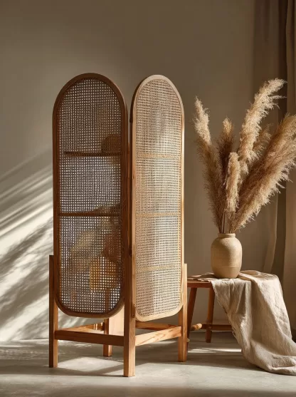 Wabi-sabi style rattan screen partition, living room entrance foyer, mobile folding storage bookshelf background - Image 7