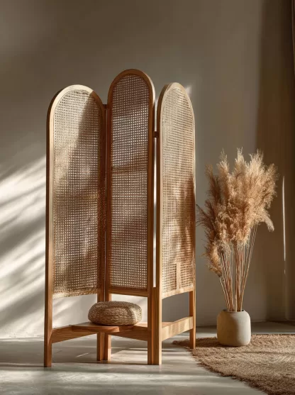 Wabi-sabi style rattan screen partition, living room entrance foyer, mobile folding storage bookshelf background - Image 8