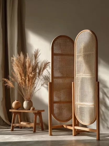 Wabi-sabi style rattan screen partition, living room entrance foyer, mobile folding storage bookshelf background - Image 9