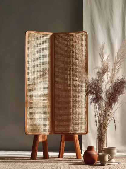 Wabi-sabi new Chinese-style creative solid wood rattan screen for living room, tea room, study, high-end design sense screen for bedroom and entrance hall