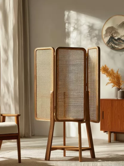 Wabi-sabi new Chinese-style creative solid wood rattan screen for living room, tea room, study, high-end design sense screen for bedroom and entrance hall - Image 7