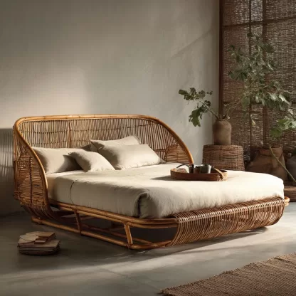 Wabi-sabi style bedroom hotel homestay New Chinese-style solid wood double bed rattan woven homestay bed Large bed 1.8-meter rattan art - Image 2