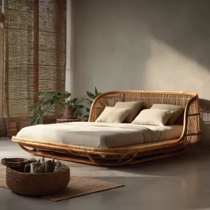 Wabi-sabi style bedroom hotel homestay New Chinese-style solid wood double bed rattan woven homestay bed Large bed 1.8-meter rattan art - Image 4