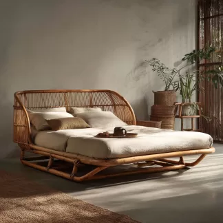 Wabi-sabi style bedroom hotel homestay New Chinese-style solid wood double bed rattan woven homestay bed Large bed 1.8-meter rattan art