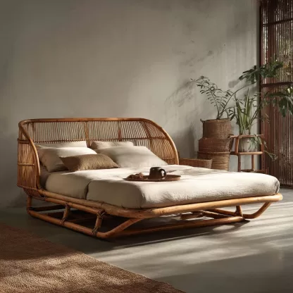 Wabi-sabi style bedroom hotel homestay New Chinese-style solid wood double bed rattan woven homestay bed Large bed 1.8-meter rattan art