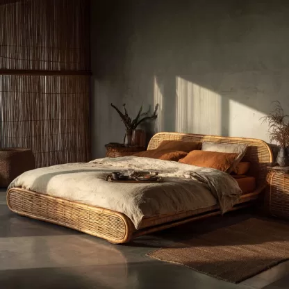 Wabi-sabi style rattan bed, bedroom double bed, homestay hotel furniture, rattan bed combination, Japanese modern and simple - Image 2