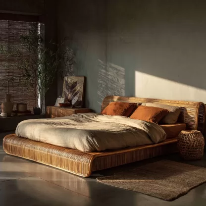 Wabi-sabi style rattan bed, bedroom double bed, homestay hotel furniture, rattan bed combination, Japanese modern and simple - Image 5