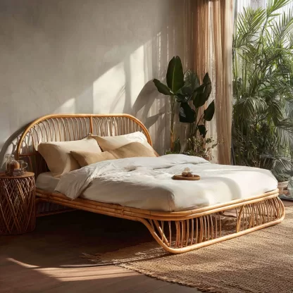 Wabi-sabi style rattan bed, bedroom, homestay, hotel, double bed, solid wood bed, natural wood color rattan art bed, home double rattan bed - Image 2