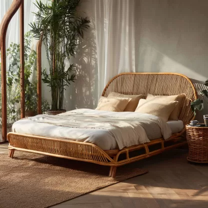 Wabi-sabi style rattan bed, bedroom, homestay, hotel, double bed, solid wood bed, natural wood color rattan art bed, home double rattan bed - Image 3