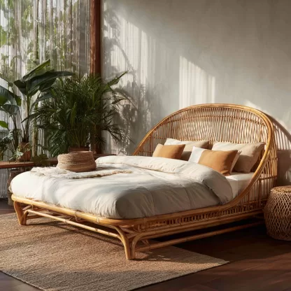 Wabi-sabi style rattan bed, bedroom, homestay, hotel, double bed, solid wood bed, natural wood color rattan art bed, home double rattan bed - Image 4