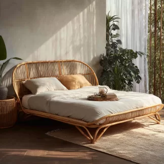 Wabi-sabi style rattan bed, bedroom, homestay, hotel, double bed, solid wood bed, natural wood color rattan art bed, home double rattan bed