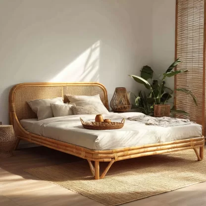 Wabi-sabi style rattan bed, bedroom, homestay, hotel, double bed, solid wood bed, natural wood color rattan art bed, home double rattan bed - Image 6