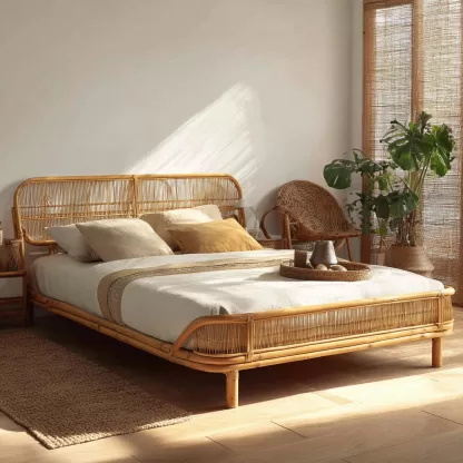 Wabi-sabi style rattan bed, bedroom, homestay, hotel, double bed, solid wood bed, natural wood color rattan art bed, home double rattan bed - Image 7