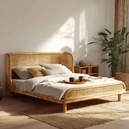 Wabi-sabi style rattan bed, bedroom, homestay, hotel, double bed, solid wood bed, natural wood color rattan art bed, home double rattan bed - Image 9