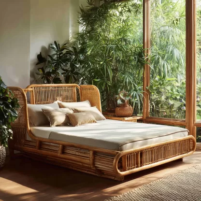Wabi-sabi style rattan woven bed, a model room of a solid wood double bed in a Northern European homestay hotel, a designer's creative master bed - Image 2
