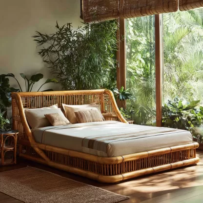 Wabi-sabi style rattan woven bed, a model room of a solid wood double bed in a Northern European homestay hotel, a designer's creative master bed - Image 3
