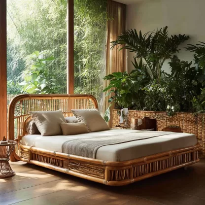 Wabi-sabi style rattan woven bed, a model room of a solid wood double bed in a Northern European homestay hotel, a designer's creative master bed - Image 4