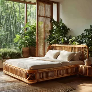 Wabi-sabi style rattan woven bed, a model room of a solid wood double bed in a Northern European homestay hotel, a designer's creative master bed
