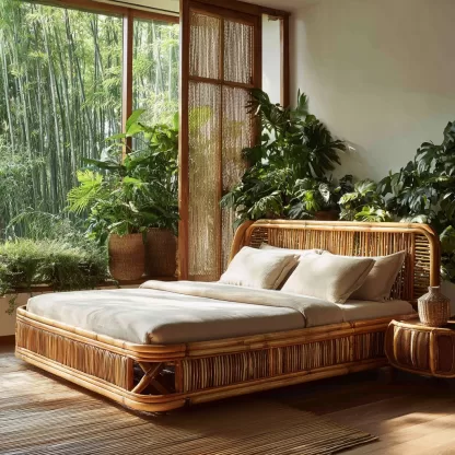 Wabi-sabi style rattan woven bed, a model room of a solid wood double bed in a Northern European homestay hotel, a designer's creative master bed