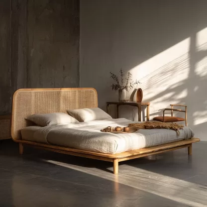 Wabi-sabi style homestay hotel, small-sized modern and simple rattan and solid wood rattan woven beds, designer leisure double beds - Image 5