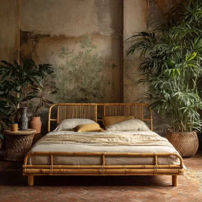 Wabi-sabi style rattan woven bed, a model room of a solid wood double bed in a Northern European homestay hotel, a designer's creative master bed - Image 6