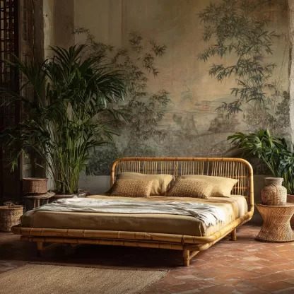 Wabi-sabi style rattan woven bed, a model room of a solid wood double bed in a Northern European homestay hotel, a designer's creative master bed - Image 7