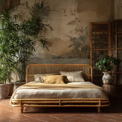 Wabi-sabi style rattan woven bed, a model room of a solid wood double bed in a Northern European homestay hotel, a designer's creative master bed - Image 8