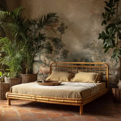 Wabi-sabi style rattan woven bed, a model room of a solid wood double bed in a Northern European homestay hotel, a designer's creative master bed - Image 9