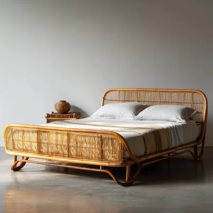 Wabi-sabi style rattan bed, bedroom double bed, homestay hotel furniture, natural wood color rattan bed, double bed, homestay bed - Image 2