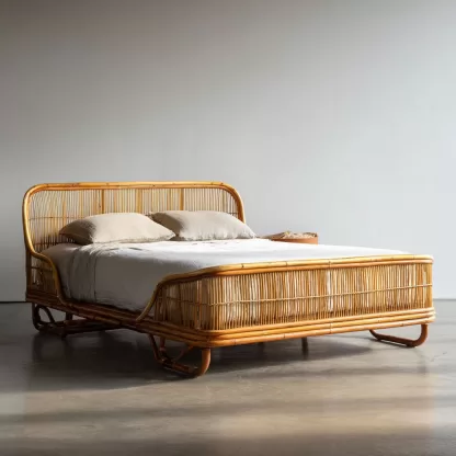 Wabi-sabi style rattan bed, bedroom double bed, homestay hotel furniture, natural wood color rattan bed, double bed, homestay bed - Image 3
