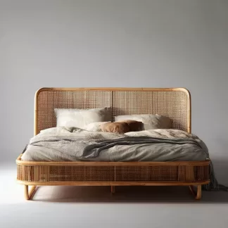 Wabi-sabi style rattan bed, bedroom double bed, homestay hotel furniture, natural wood color rattan bed, double bed, homestay bed