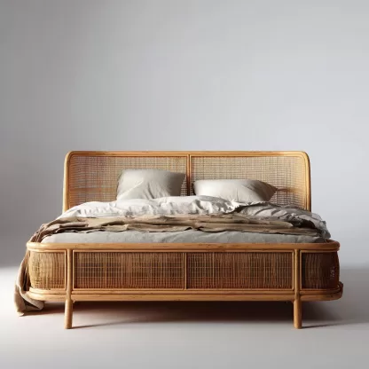 Wabi-sabi style rattan bed, bedroom double bed, homestay hotel furniture, natural wood color rattan bed, double bed, homestay bed - Image 7