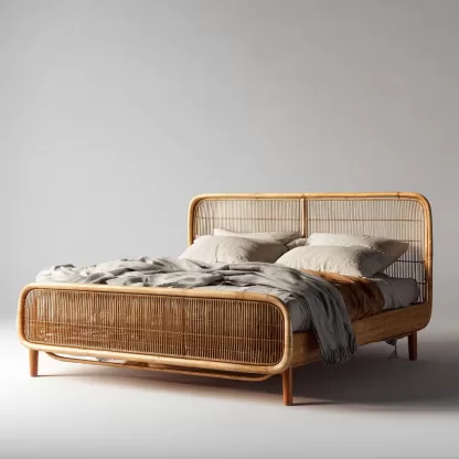 Wabi-sabi style rattan bed, bedroom double bed, homestay hotel furniture, natural wood color rattan bed, double bed, homestay bed - Image 9