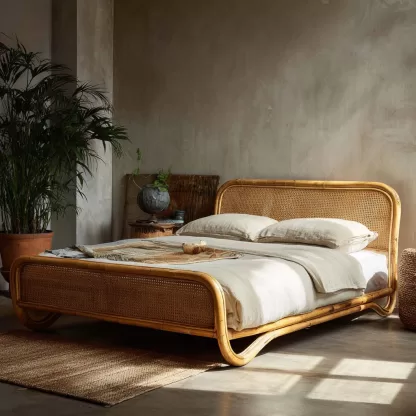Wabi-sabi style bedroom hotel homestay New Chinese-style solid wood double bed rattan woven homestay bed Large bed 1.8-meter rattan art - Image 7