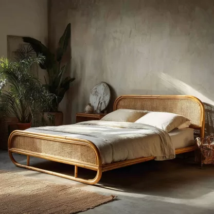 Wabi-sabi style bedroom hotel homestay New Chinese-style solid wood double bed rattan woven homestay bed Large bed 1.8-meter rattan art - Image 8