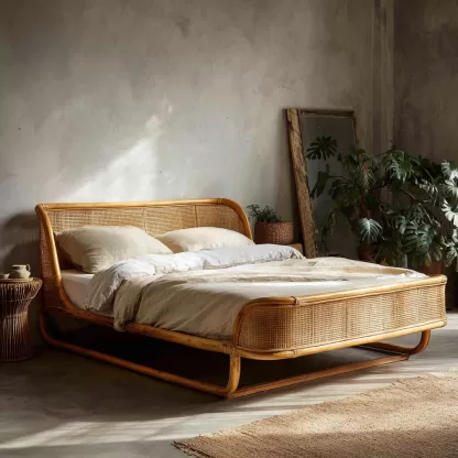 Wabi-sabi style bedroom hotel homestay New Chinese-style solid wood double bed rattan woven homestay bed Large bed 1.8-meter rattan art - Image 9