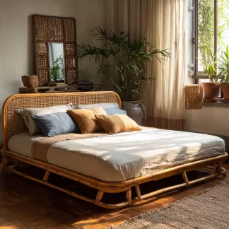 Wabi-sabi style rattan bed, bedroom double bed, homestay hotel furniture, rattan bed combination, Japanese modern and simple