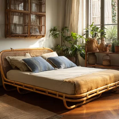 Wabi-sabi style rattan bed, bedroom double bed, homestay hotel furniture, rattan bed combination, Japanese modern and simple - Image 7
