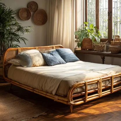 Wabi-sabi style rattan bed, bedroom double bed, homestay hotel furniture, rattan bed combination, Japanese modern and simple - Image 8